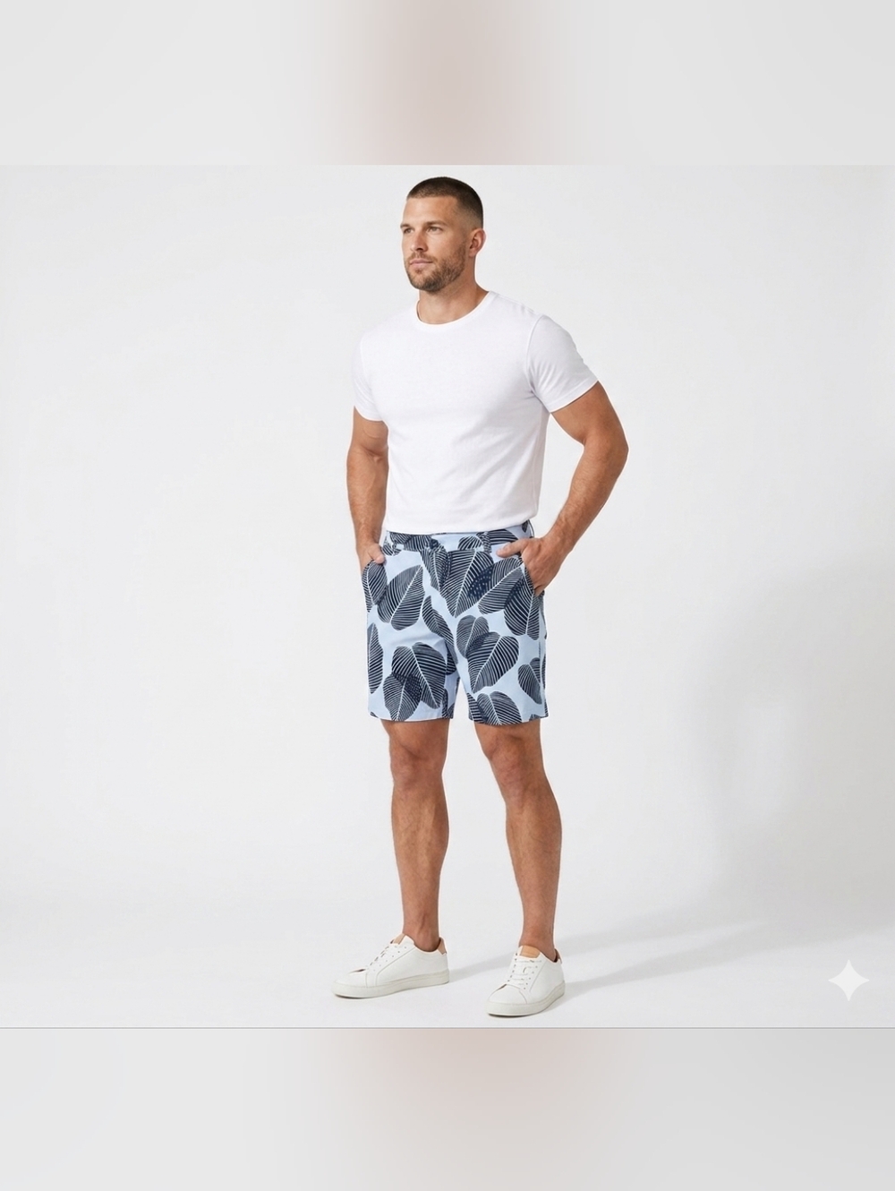NWT Men's 34 Navy Leaf Pattern Board Shorts